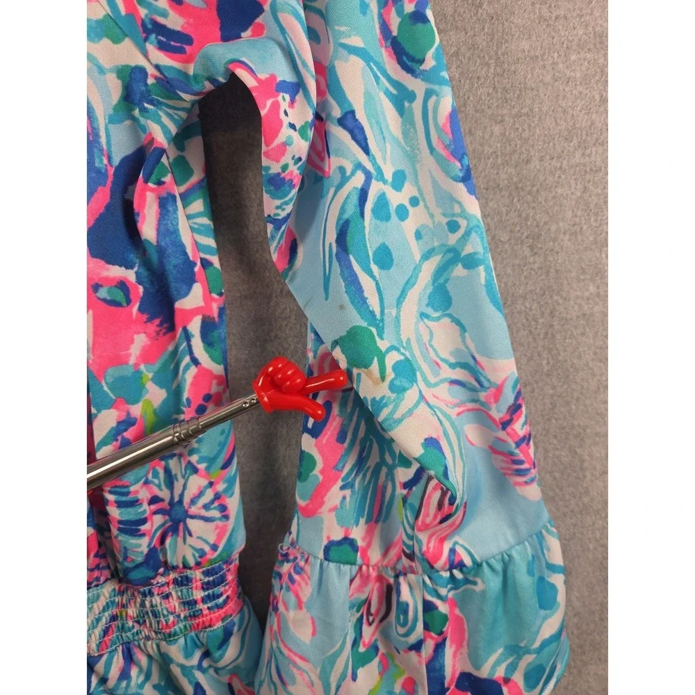 Lilly Pulitzer Girls L Off Shoulder Sundress Romper Skirt Blue Pink Bell Sleeve
